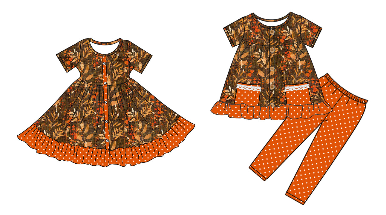 5.1(Custom Design Preorder MOQ 5 Each Design) Leaf Orange Dots Print Girls Fall Matching Clothes Sisters Wear