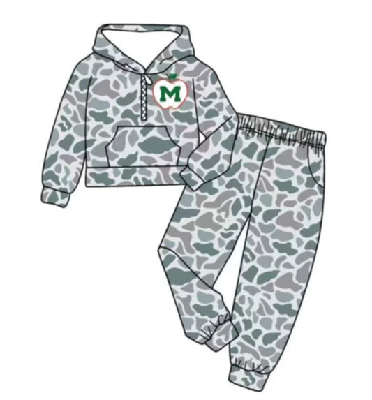 (Custom Design Preorder MOQ 5) Team's Apple M Grey Camo Print Hoodie Zipper Top Pockets Pants Boys Fall Clothes Set