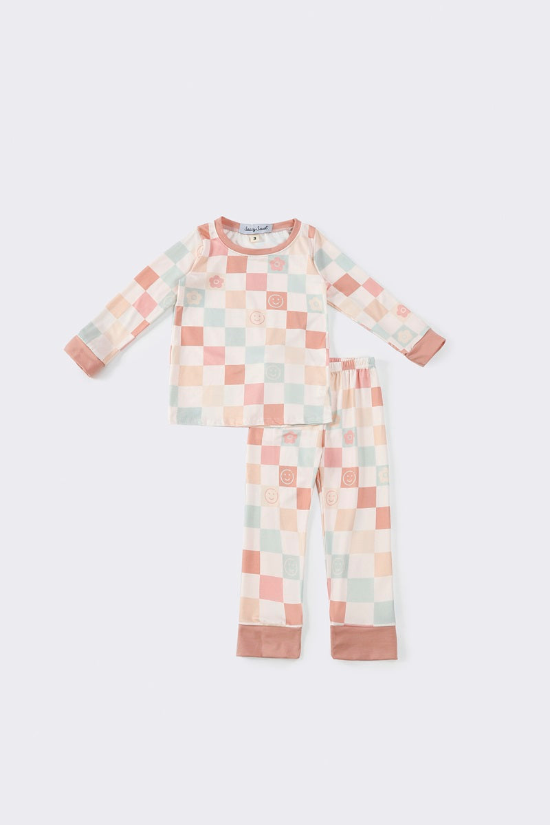 (Custom Design Preorder MOQ 20) Brown Plaid Print Girls Fall Bamboo Pajamas Clothes Set