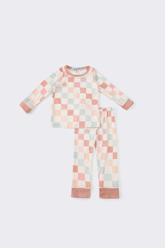 (Custom Design Preorder MOQ 20) Brown Plaid Print Girls Fall Bamboo Pajamas Clothes Set