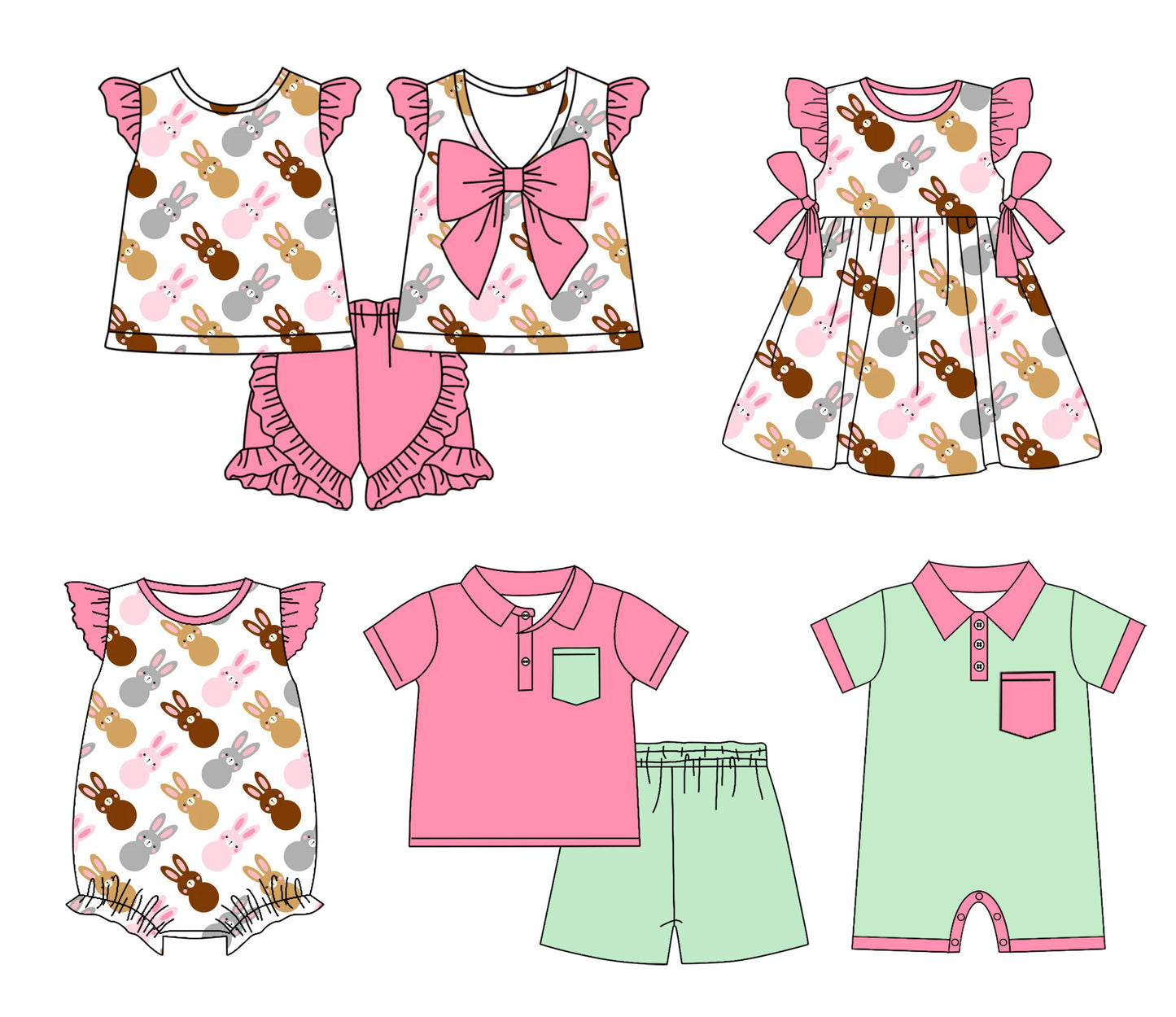 12.23 (Custom Design Preorder MOQ 5 Each Design) Bunny Pink Print Kids Easter Matching Clothes Sibling Wear