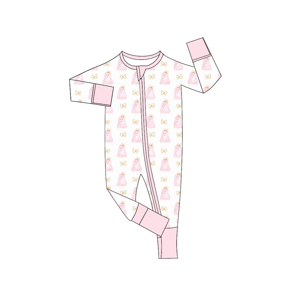 (Custom Design Preorder MOQ 5) Ghost Print Baby Girls Halloween Sleeper Zipper Romper