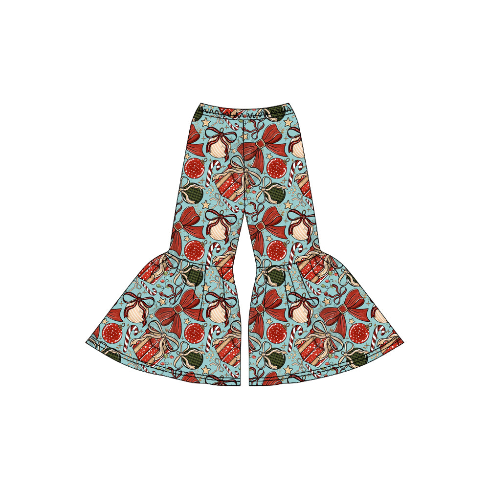 (Custom Design Preorder MOQ 5) Red Top Lights Bows Bell Pants Girls Christmas Clothes Set