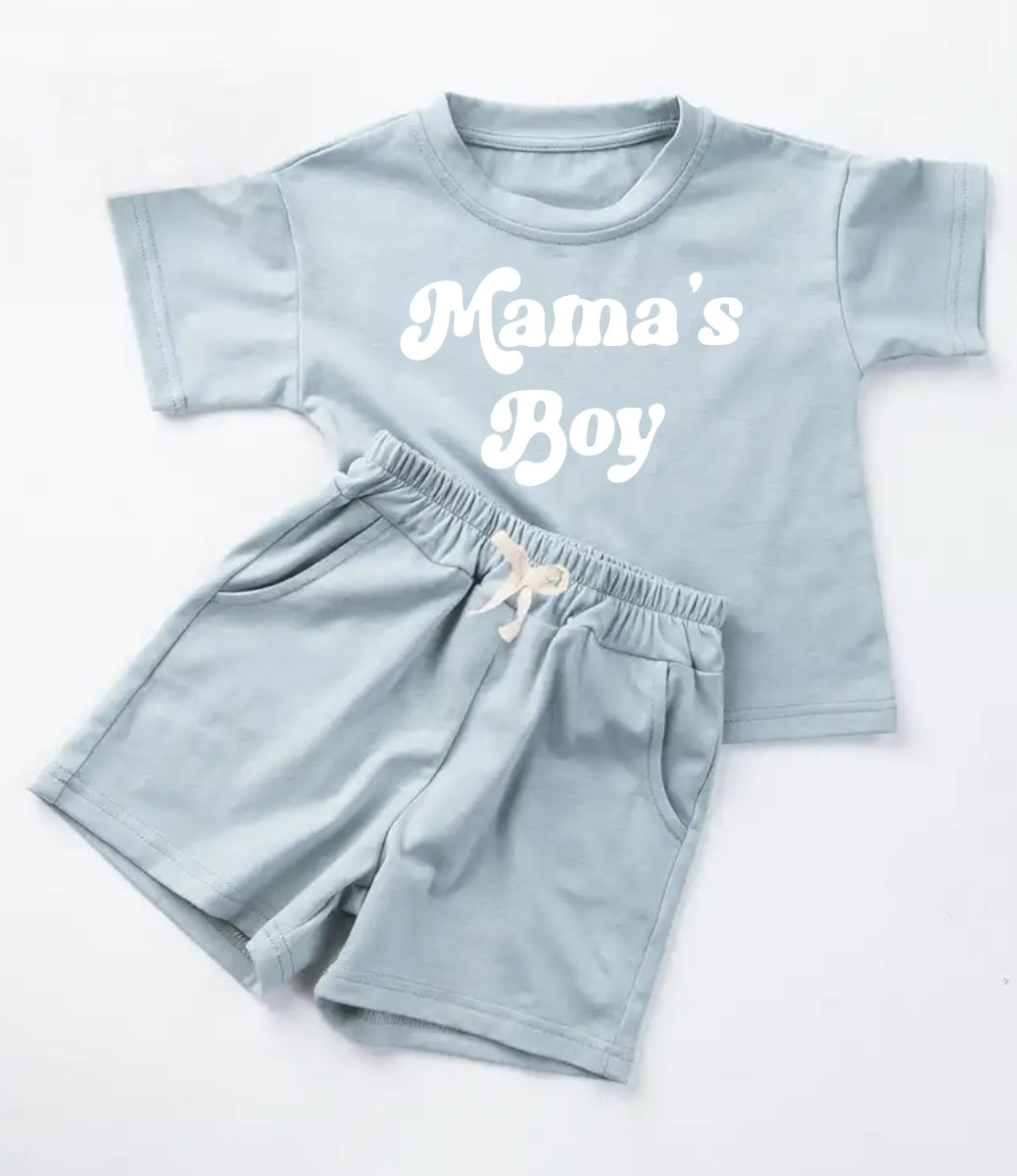 (Custom Design Preorder MOQ 5) Mama's Boy Grey Top Pockets Shorts Boys Summer Clothes Set