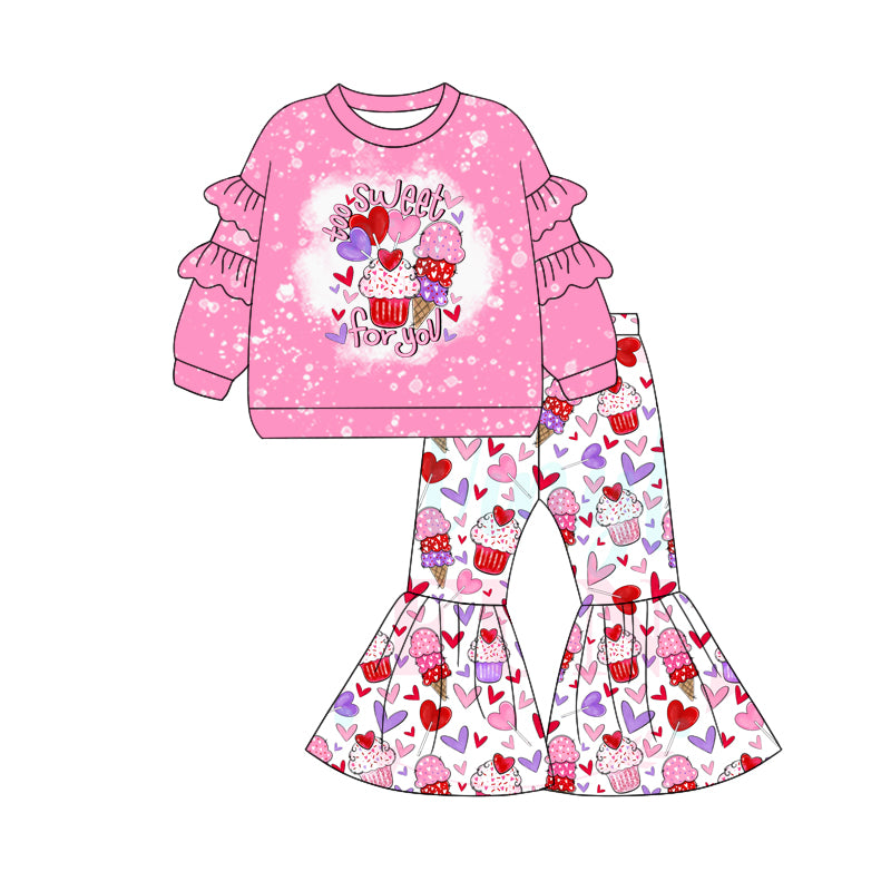 (Custom Design Preorder MOQ 5) Heart Cake Print Bell Pants Girls Valentine's Day Clothes Set