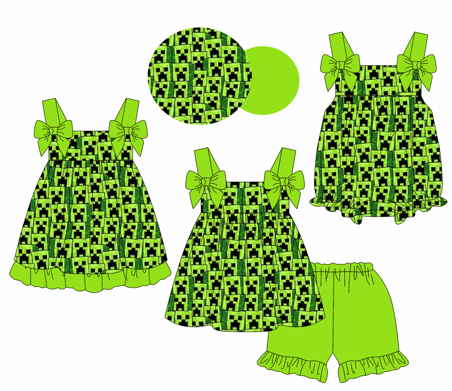 2.19(Custom Design Preorder MOQ 5 Each Design) Cartoon Games Roblo* Green Print Girls Summer Matching Clothes Sisters Wear