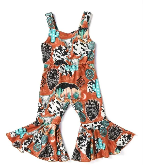 (Custom Design Preorder MOQ 5) Cow Skull Aztec Cactus Print Girls Summer Western Jumpsuits