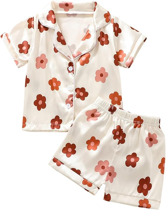 (Custom Design Preorder MOQ 5) Brown Flowers Print Girls Summer Pajamas Clothes Set