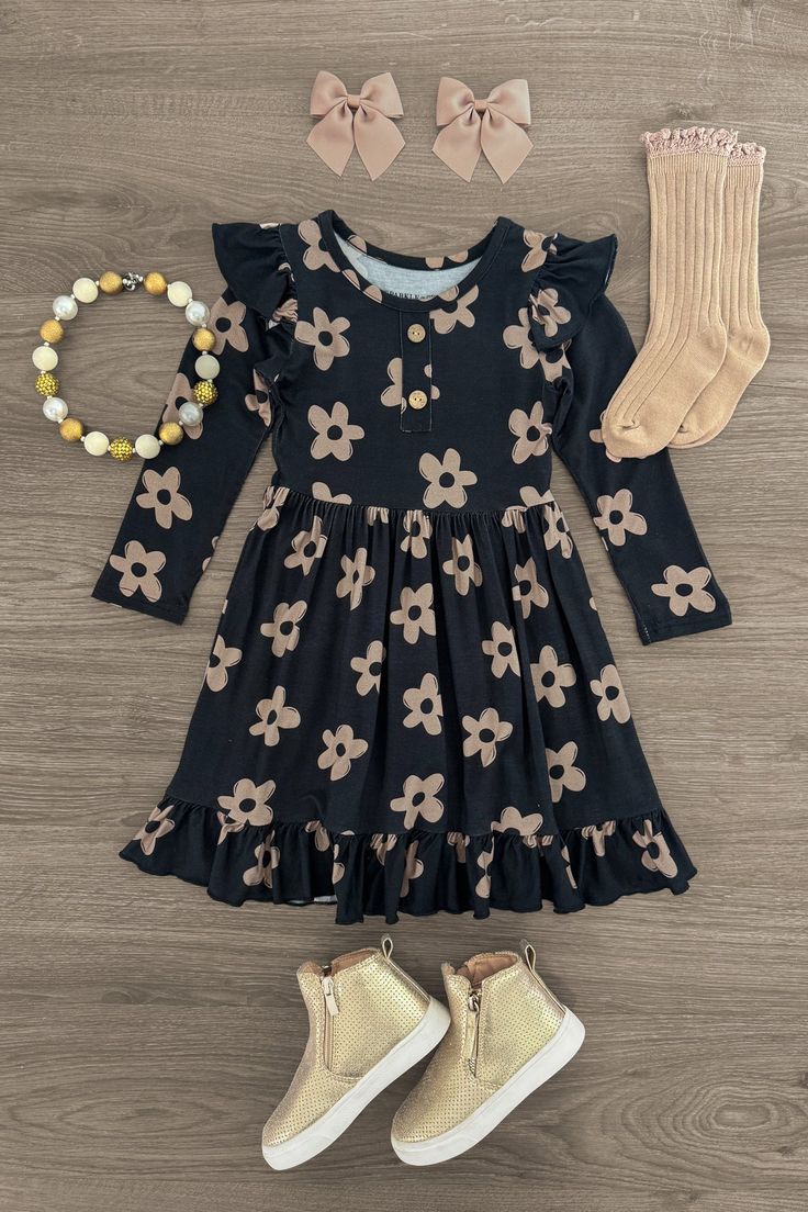 (Custom Design Preorder MOQ 5 ) Black Flowers Print Girls Fall Knee Length Dress