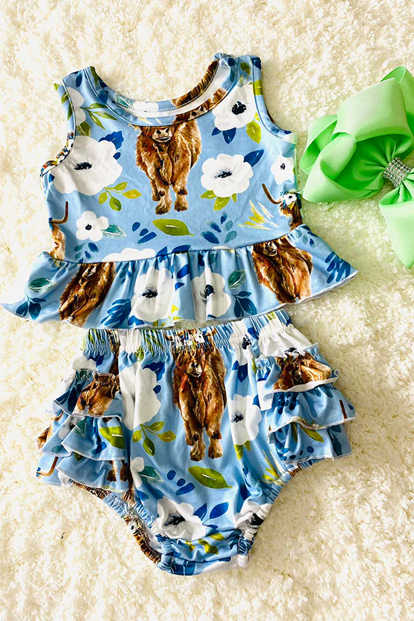 (Custom Design Preorder MOQ 5) Highland Cow Sleeveless Top Ruffle Shorts Baby Girls Western Bummie Set