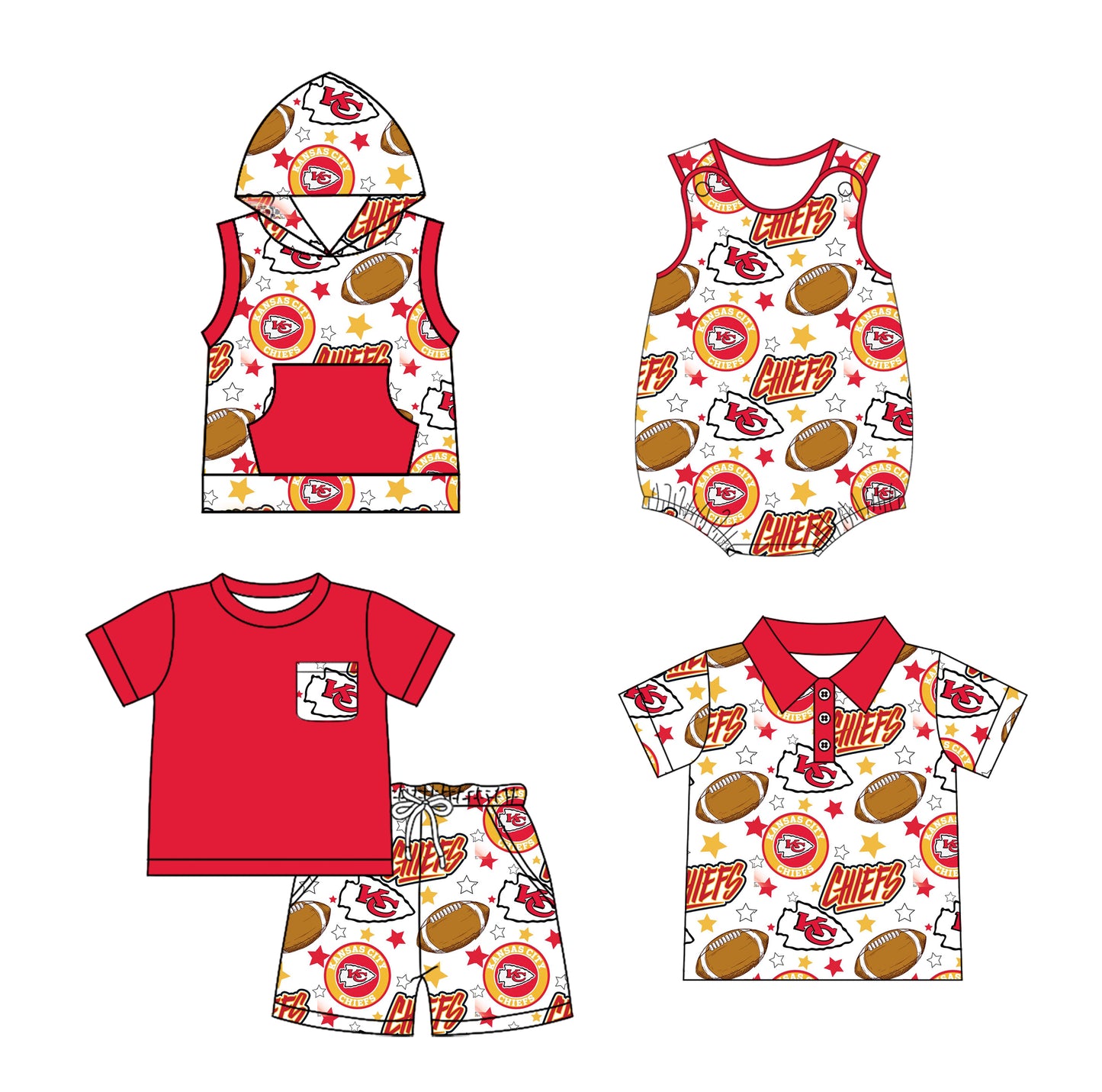 2.24(Custom Design Preorder MOQ 5 Each Design) Team's Chiefs KC Stars Print Boys Summer Matching Clothes Brothers Wear