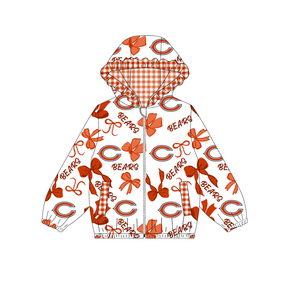 (Custom Design Preorder MOQ 5) Team's Chicago Bears Bows Print Pockets Girls Long Sleeve Zipper Jackets Top