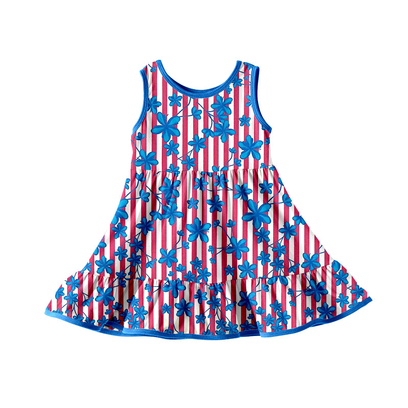 (Custom Design Preorder MOQ 5) Blue Flowers Red Stripes Print Girls 4th of July Knee Length Dress