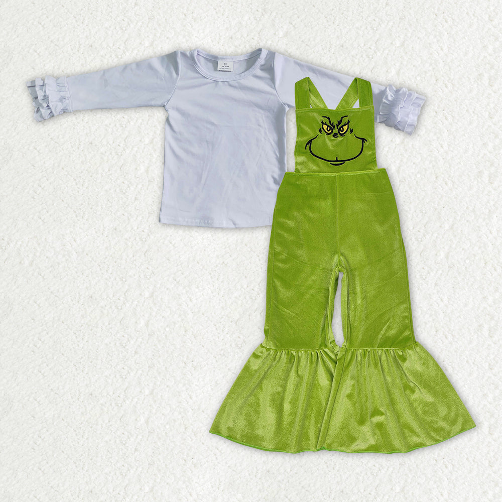 GLP2278 White Top Green Frog Face Embroidery Velvet Jumpsuits Girls Christmas Clothes Set