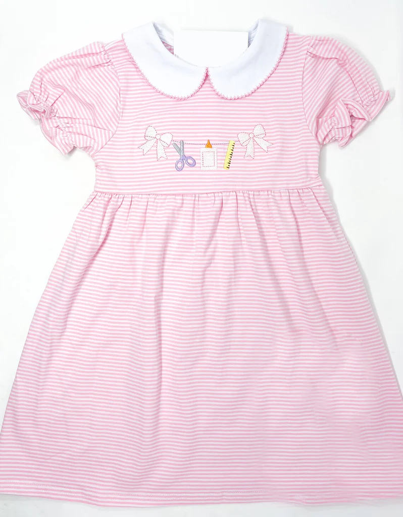 (Split Order Preorder) Deadline Aug 26 Stationery Bows Pink Stripes Print Girls Back to School Knee Length Dress