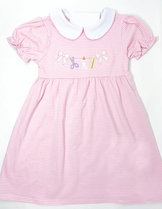 (Custom Design Preorder MOQ 5) Stationery Bows Pink Stripes Print Girls Back to School  Knee Length Dress