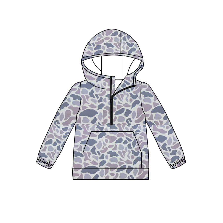 (Custom Design Preorder MOQ 5) Grey Camo Print Adult Hoodie Zipper Pocket Top