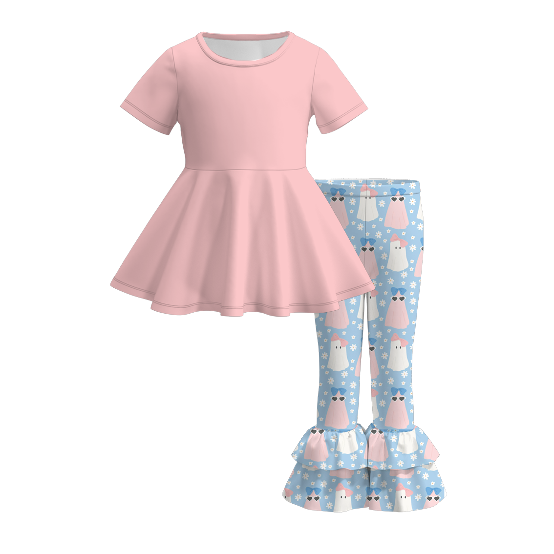 (Custom Design Preorder MOQ 5) Pink Tunic Top Ghost Ruffle Pants Girls Halloween Clothes Set