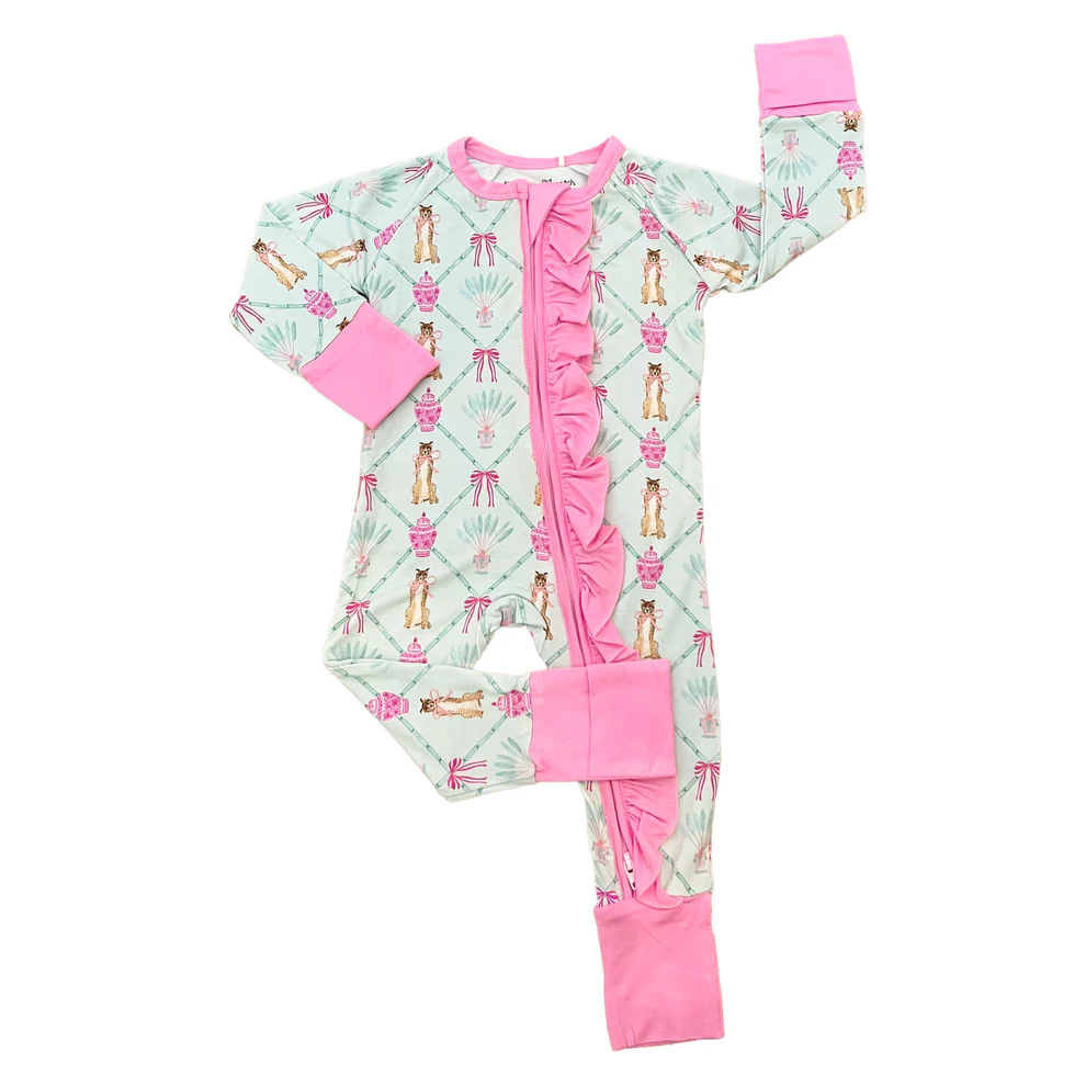 (Custom Design Preorder MOQ 20) Leopard Bows Print Baby Girls Bamboo Sleeper Zipper Romper
