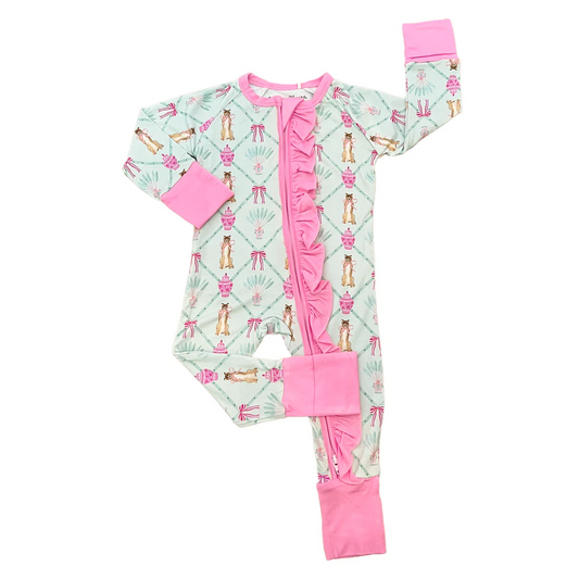 (Custom Design Preorder MOQ 20)  Leopard Bows Print Baby Girls Bamboo Sleeper Zipper Romper