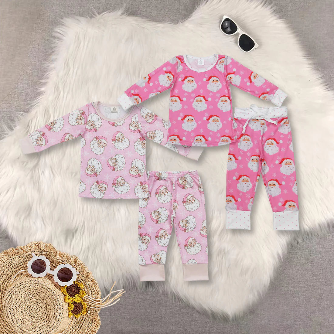 2 Pink Santa Print Girls Christmas Pajamas Clothes Set Sisters Wear