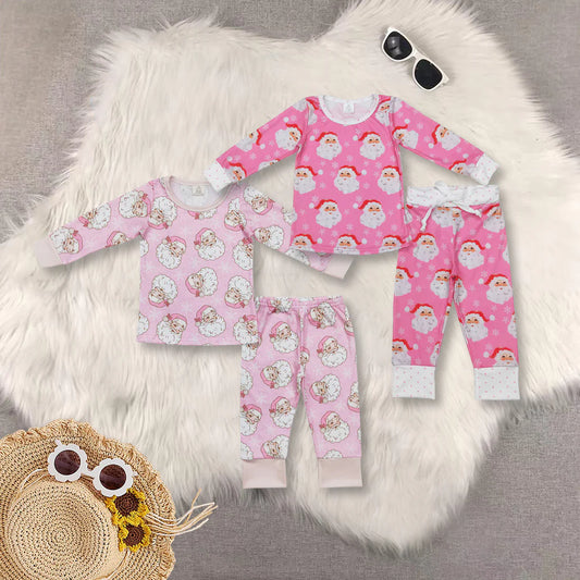 2 Pink Santa Print Girls Christmas Pajamas Clothes Set Sisters Wear