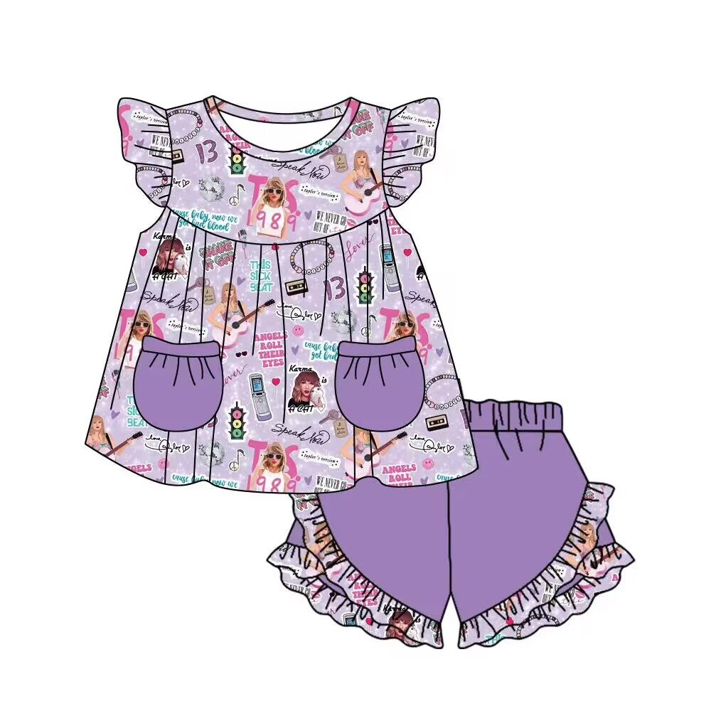 (Custom Design Preorder MOQ 5) Singer Swiftie Pockets Top Purple Shorts Girls Summer Clothes Set