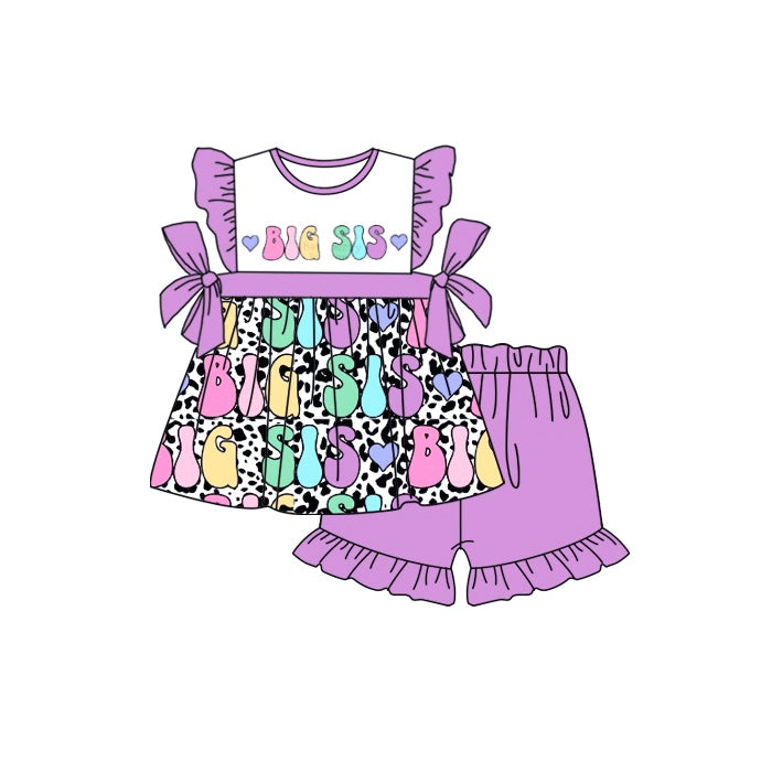 (Custom Design Preorder MOQ 5) BIG SIS Top Purple Shorts Girls Summer Clothes Set