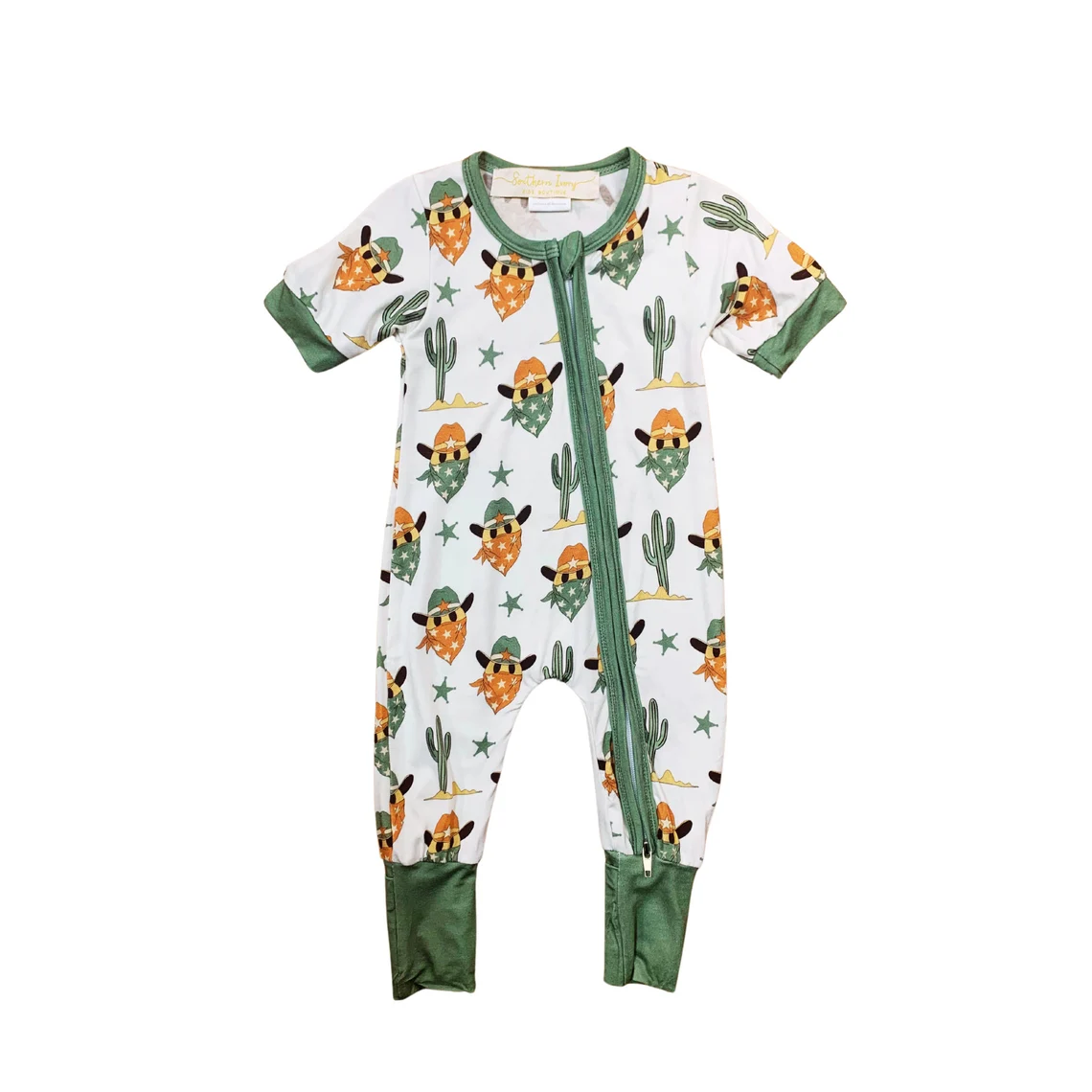 (Custom Design Preorder MOQ 20) Cowboy Cactus Print Baby Boys Western Bamboo Sleeper Zipper Romper