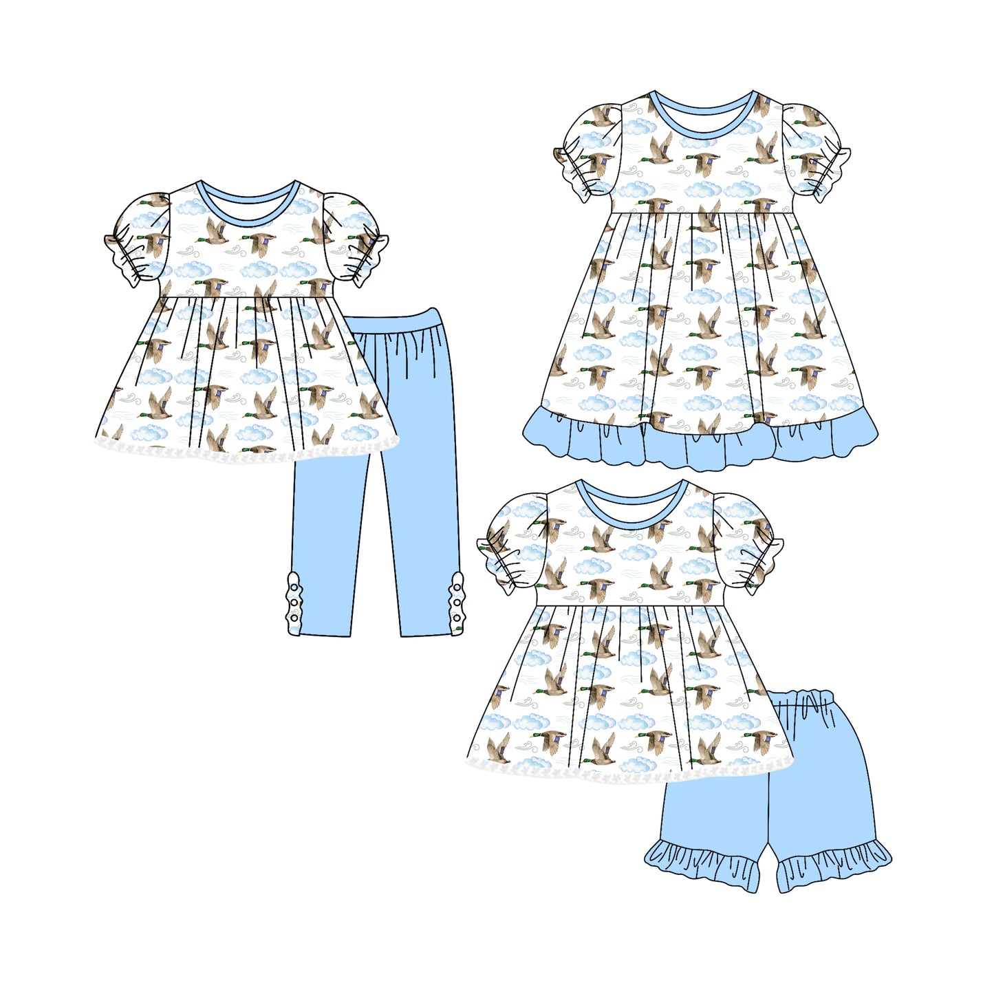 4.29(Custom Design Preorder MOQ 5 Each Design) Duck Blue Print Girls Matching Clothes Sisters Wear