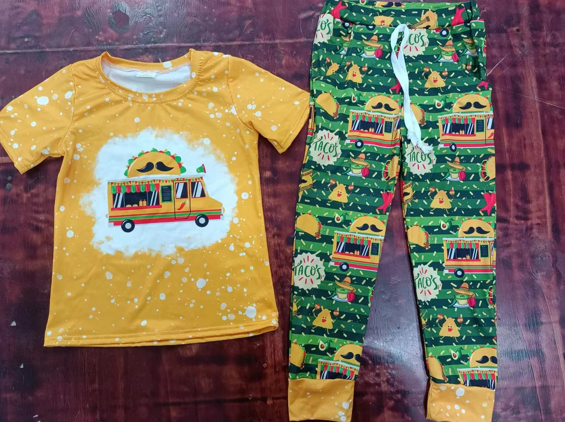 (Custom Design Preorder MOQ 5) Taco's Print Pockets Pants Girls Clothes Set