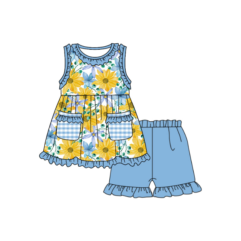 (Custom Design Preorder MOQ 5) Blue Flowers Print Pockets Top Ruffle Shorts Girls Summer Clothes Set