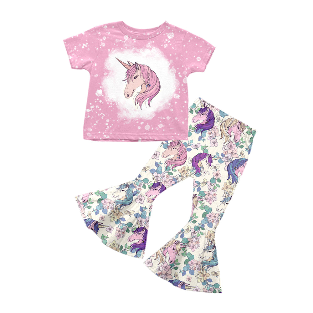 (Custom Design Preorder MOQ 5) Pink Unicorn Flowers Top Bell Pants Girls Clothes Set