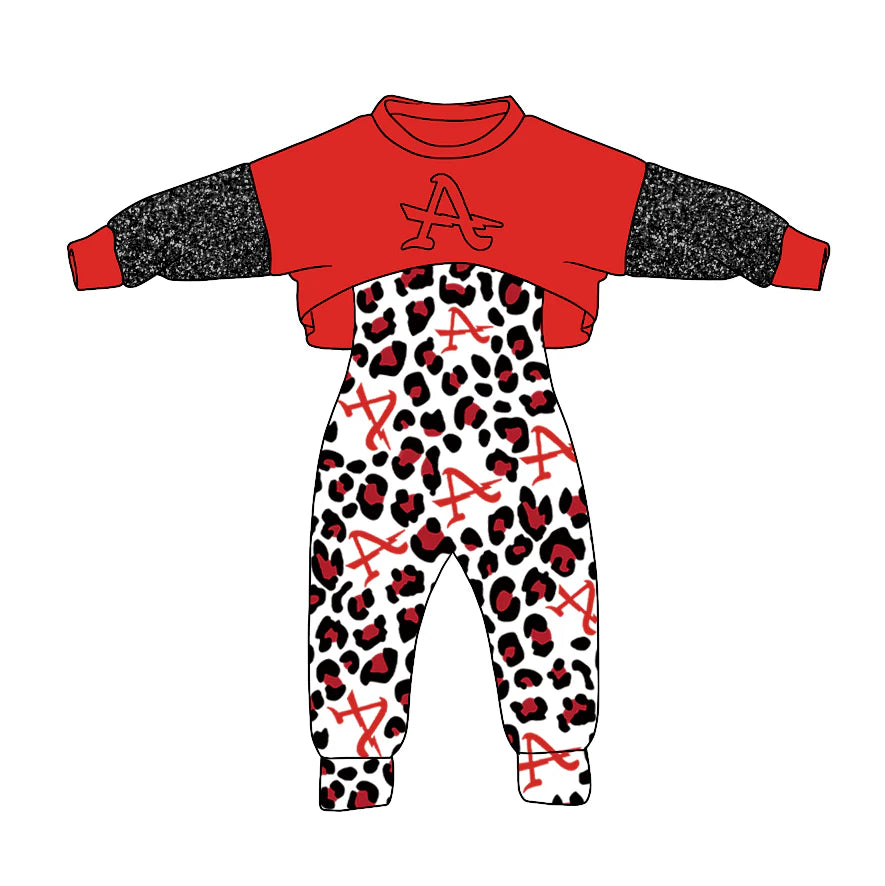 (Custom Design Preorder MOQ 5) Team's ALBIA Red Top Leopard Jumpsuits Girls Clothes Set