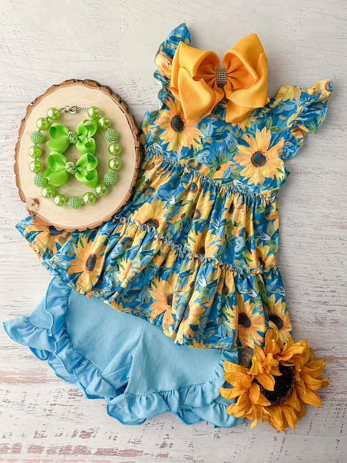 (Custom Design Preorder MOQ 5) Sunflowers Tunic Top Blue Shorts Girls Summer Clothes Set