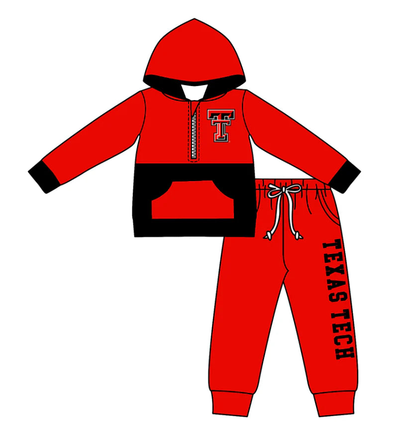 (Custom Design Preorder MOQ 5) Team's Texas Tech Print Hoodie Zipper Top Pockets Pants Boys Fall Clothes Set