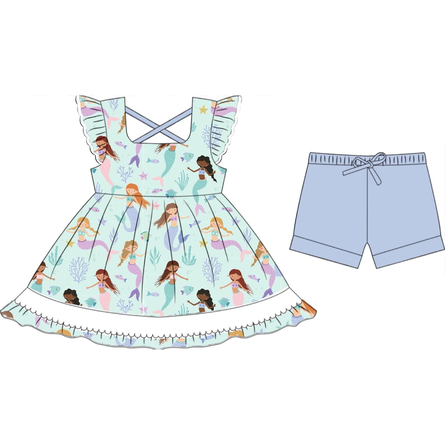 (Custom Design Preorder MOQ 5) Mermaid Tunic Top Blue Shorts Girls Summer Clothes Set