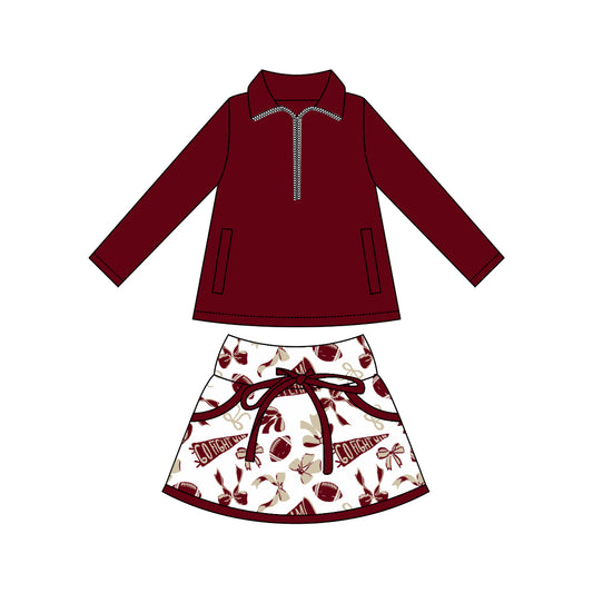(Custom Design Preorder MOQ 5) Wine Zipper Pullover Top Team's Cheer Bows Skirts Girls Clothes Sets