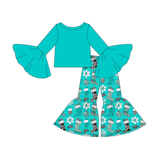 (Custom Design Preorder MOQ 5) Turquoise Top Sock Bell Pants Girls Christmas Western Clothes Set