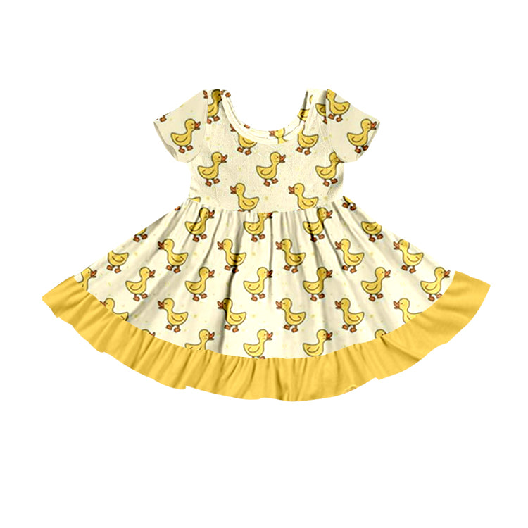 (Custom Design Preorder MOQ 5) Cute Yellow Duck Print Girls Knee Length Dress