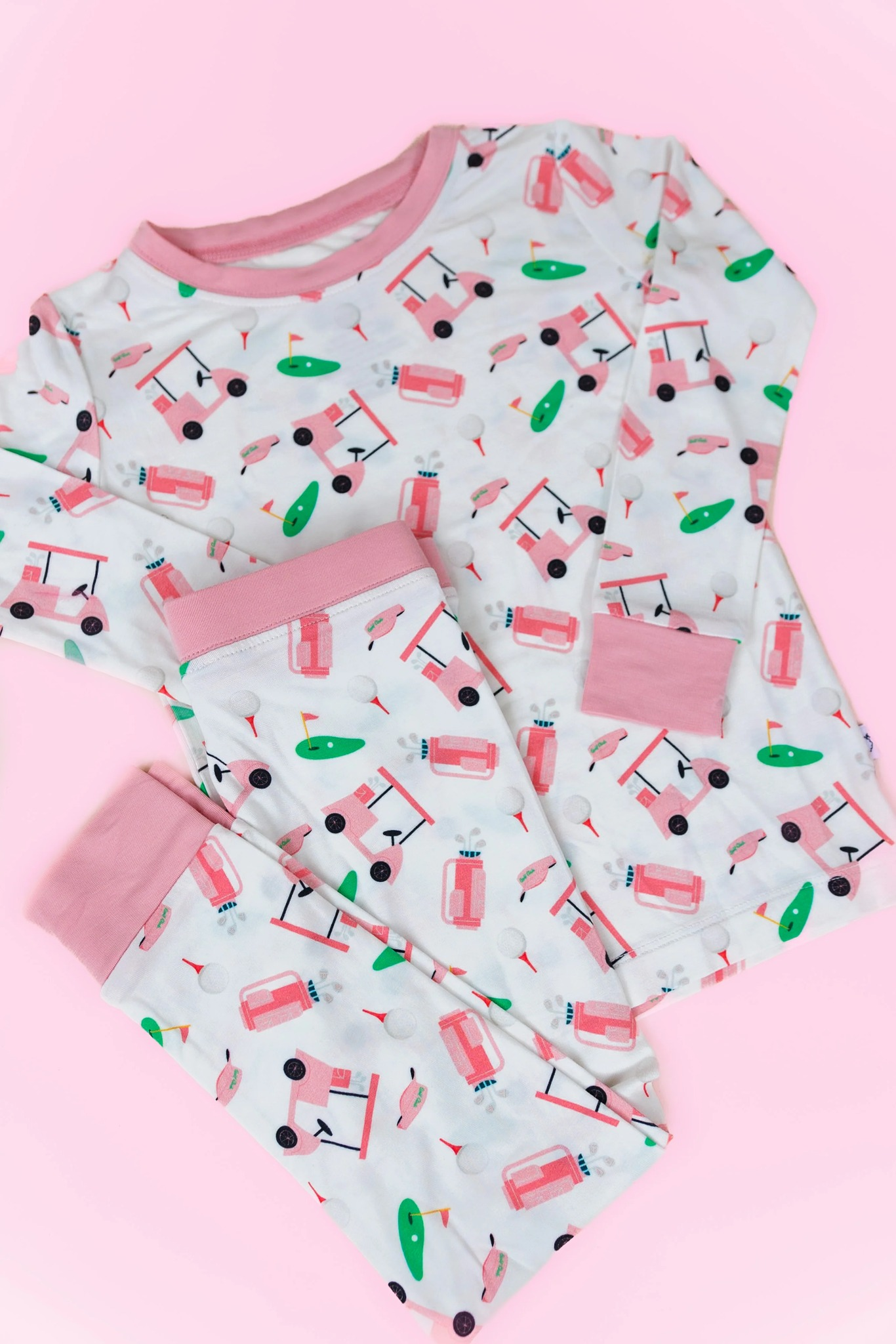 (Custom Design Preorder MOQ 5) Pink Golf Trucks Print Girls Fall Pajamas Clothes Set