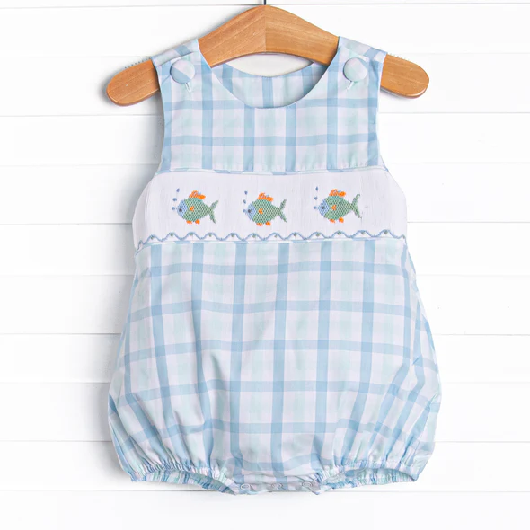 (Custom Design Preorder MOQ 5) Fish Blue Plaid Print Baby Boys Summer Bubble Romper