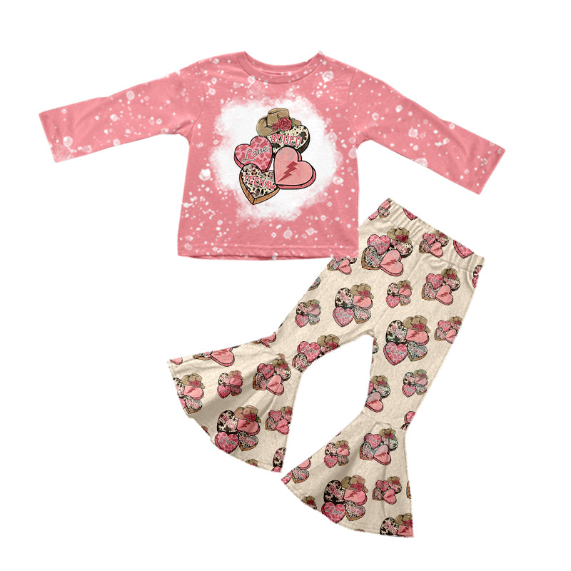 (Custom Design Preorder MOQ 5) Heart Hat Print Bell Pants Girls Valentine's Day Clothes Set