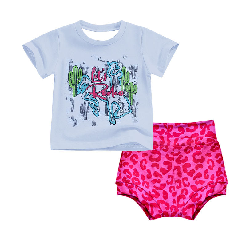 (Custom Design Preorder MOQ 5) Let's Rodeo Top Leopard Shorts Baby Girls Summer Western Bummie Set