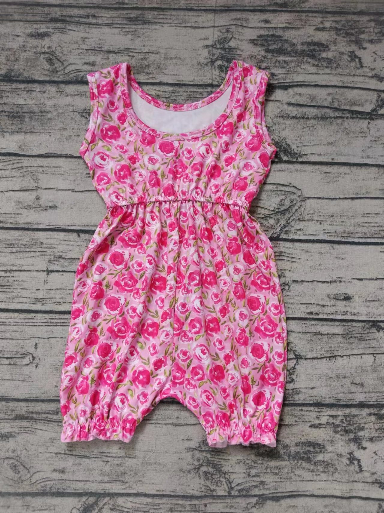 (Custom Design Preorder MOQ 5) Hot Pink Flowers Print Girls Summer Jumpsuits