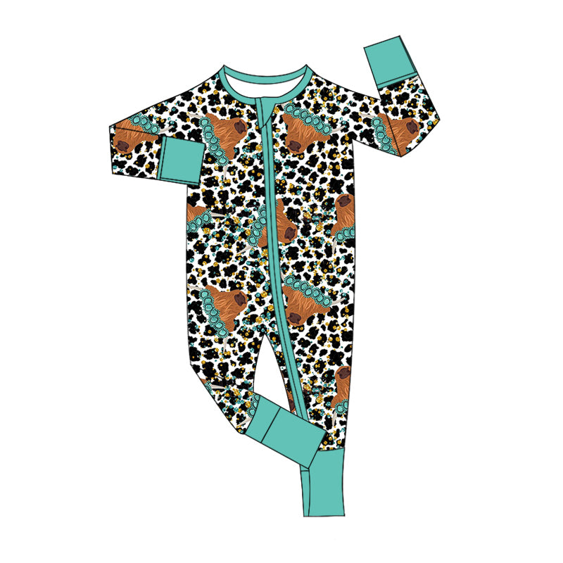 (Custom Design Preorder MOQ 20) Highland Cow Turquoise Leopard Print Baby Girls Western Bamboo Sleeper Zipper Romper