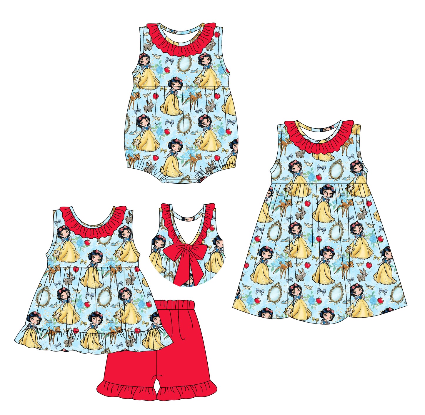 3.31(Custom Design Preorder MOQ 5 Each Design) Cartoon Princess Apple Print Girls Summer Matching Clothes Sisters Wear