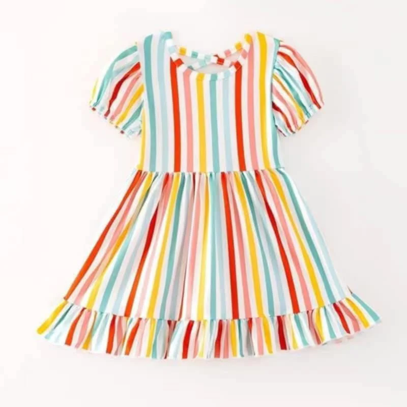 (Custom Design Preorder MOQ 5) Colorful Stripes Print Girls Summer Knee Length Dress