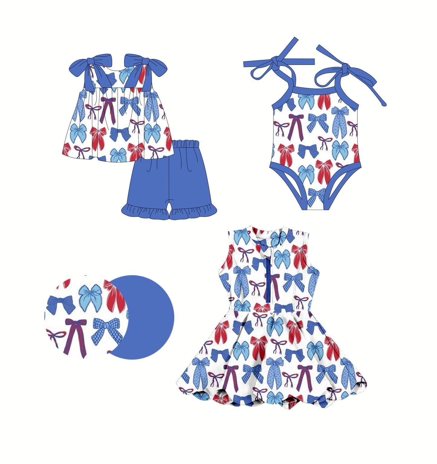 2.24(Custom Design Preorder MOQ 5 Each Design) Red Blue Bows Print Girls 4th of July Matching Clothes Sisters Wear