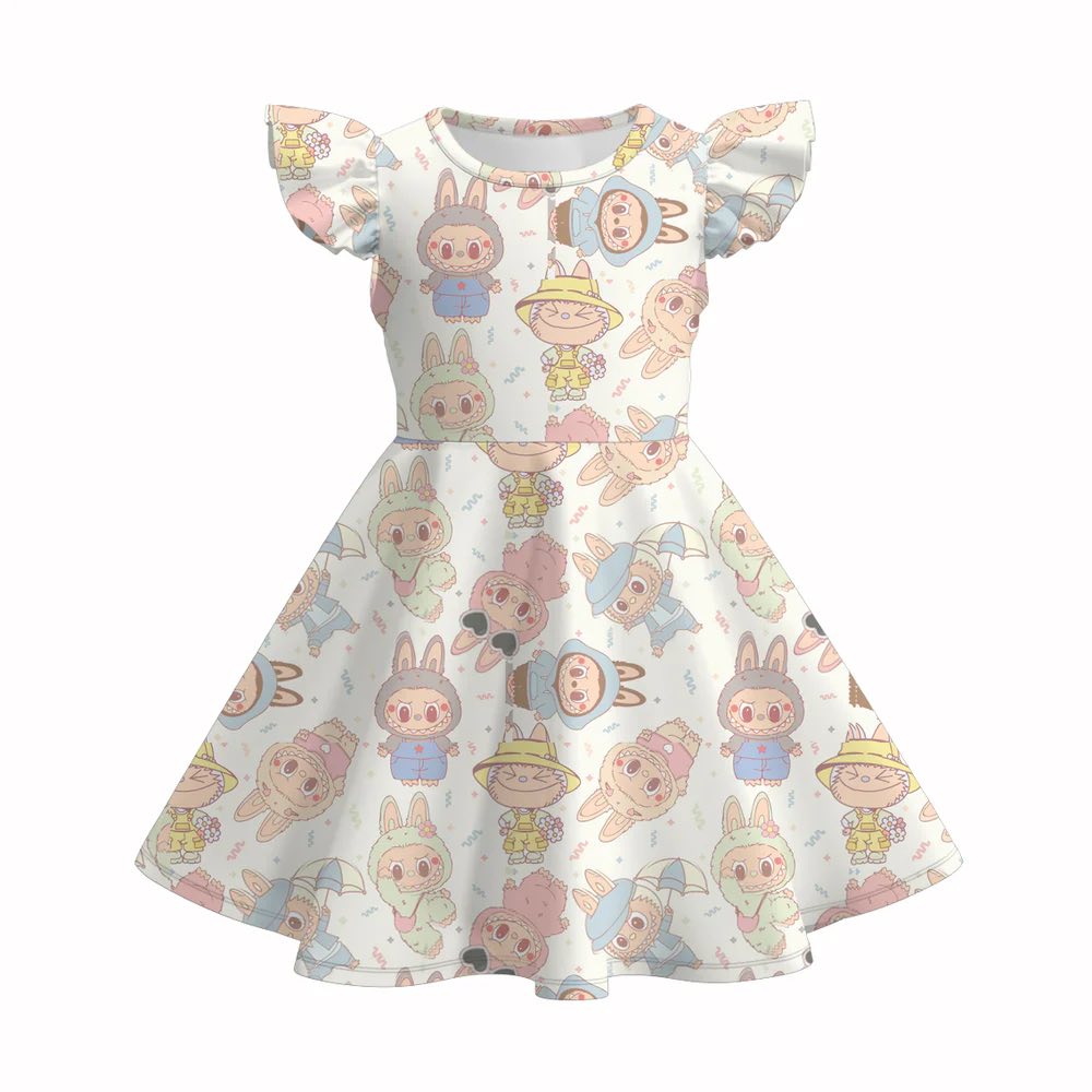 (Custom Design Preorder MOQ 5) Cartoon Animals Print Girls Summer Knee Length Dress